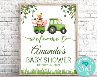 Farm Baby Shower Welcome Sign Green Tractor Baby Shower Welcome Sign Farm Animals Yard Sign Green Farm Tractor Baby Shower Sign 0225