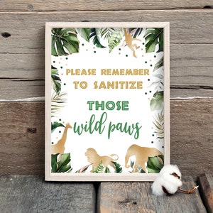 Jungle Sanitizing Station Sign, Gold Animals Sanitize Your Hands Sign, Printable Safari Table Decor, Wild One Zoo Party Jungle 0101