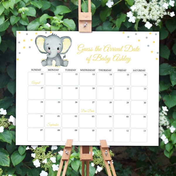 Editable Elephant Guess Baby Due Date Calendar Yellow Elephant Guess Baby's Birthday Template Elephant Due Date Game Baby Prediction 0200