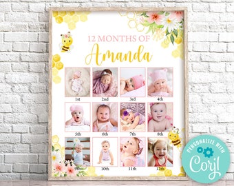 Pink Floral Bee 1st Birthday Photo Collage Poster (Digital Download)