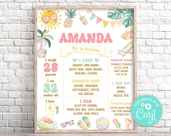 Poster voor een zwembadfeestje, statistieken van de eerste verjaardag (bewerkbare digitale download)