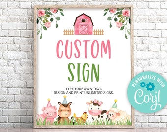EDITABLE Farm Birthday Table Sign, Custom Farm Animals Sign. Pink Farm Birthday Party Sign Template, Girl Barnyard Birthday Decorations 0106