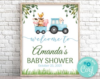 Farm Baby Shower Welcome Sign Blue Farm Baby Shower Welcome Sign EDITABLE Farm Animals Yard Sign Blue Boy Farm Tractor Baby Shower Sign 0226