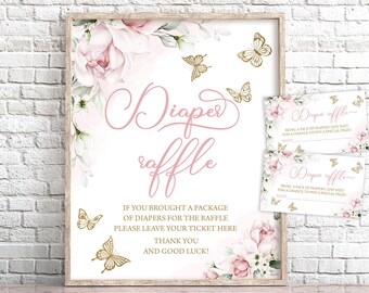 Butterfly Baby Shower Diaper Raffle Sign Pink and Gold Floral Butterfly Diaper Raffle Card Butterfly Shower Sprinkle Diaper Game 0162