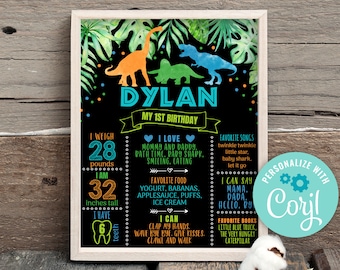 Dinosaur 1st Birthday Milestone Poster, Editable T-Rex Party Sign (Digital)