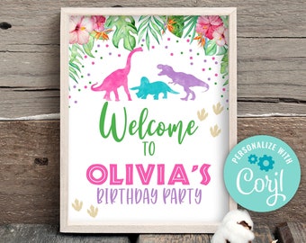 Editable Dinosaur Welcome Sign Instant Download, Safari Dinosaur Birthday Sign, Pink Dinosaur Welcome Party Sign Board T-Rex Dino Party 0207