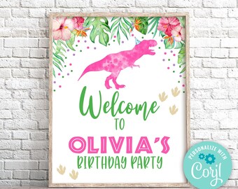 Editable T-Rex Welcome Sign Instant Download Safari Dinosaur Birthday Sign Pink Dinosaur Welcome Party Sign Board T-Rex Dino Party 0237