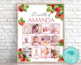 Strawberry First Birthday Photo Collage, Berry Sweet Milestone Poster (Digital Download)