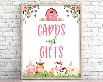 Farm Cards and Gifts Sign, Girl Farm Animals Cards and Gifts Sign Printable, Printable Pink Farm Table Decor, Girl Barnyard Birthday 0106