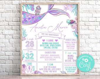May include: A mermaid-themed first birthday milestone chart with a purple and teal color scheme. The chart includes the child's name, "Amelia Marie", and details about their first year, including weight, height, favorite foods, and songs. The chart is decorated with a mermaid tail, seashells, and starfish.