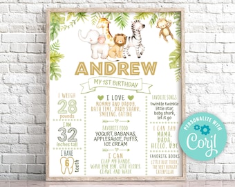 Editable Safari Animals Birthday Milestone Sign, Jungle Milestone Birthday Poster, Wild One First Birthday Zoo Jungle Party 0107