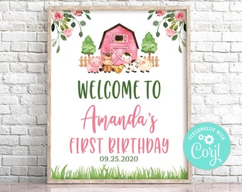 Editable Farm Birthday Welcome sign. Farm Animals Welcome sign. Pink Farm Birthday Party Sign Template, Girl Barnyard Welcome sign 0106