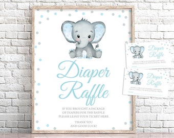 Letrero y boletos para la rifa de pañales de baby shower con temática de elefante azul (descarga digital)