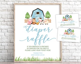 Farm Animals Diaper Raffle Sign Blue Farm Diaper Raffle Card, Barnyard Baby Shower Diaper Raffle Sign, Boy Farm Sign and Raffle Tickets 0227