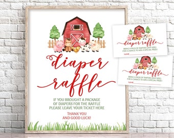 Farm Animals Diaper Raffle Sign, Red Farm Diaper Raffle Card, Barnyard Baby Shower Diaper Raffle Sign, Boy Farm Sign and Raffle Tickets 0106