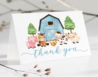 Bearbeitbare gefaltete Bauernhof-Dankeskarte, blaue Bauernhof-Babyparty, Dankeskarte, Bauernhoftiere, Dankeskarte, Junge, blaue Scheunenhof-Dusche, Dankeskarte 0227