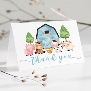 Bearbeitbare gefaltete Bauernhof-Dankeskarte, blaue Bauernhof-Babyparty, Dankeskarte, Bauernhoftiere, Dankeskarte, Junge, blaue Scheunenhof-Dusche, Dankeskarte 0227