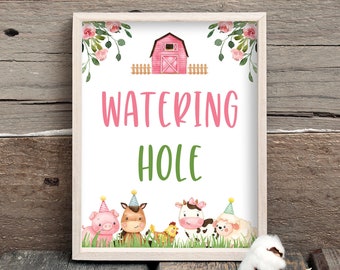 Farm Watering Hole Party Sign, Girl Farm Animals Watering Hole Birthday Sign, Pink Farm Drink Table Decor, Girl Barnyard Birthday 0106