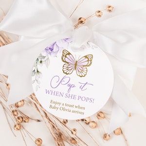 EDITABLE Butterfly Pop It When She Pops Mini Champagne Favor Tag Floral Purple & Gold Butterfly Baby Shower Champagne Tag Mini Wine Tag 0164