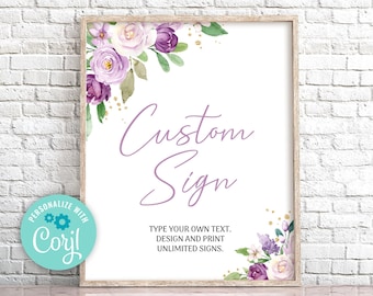 Purple Floral Custom Sign, Editable Lilac Baby Shower (Digital)