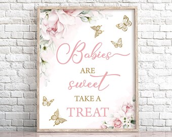 Letrero de mariposa para dulces, decoración floral rosa y dorada (descarga digital)