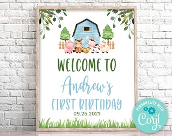 Modèle de panneau de bienvenue pour anniversaire sur le thème des animaux de la ferme (modifiable)