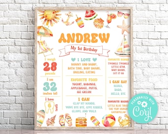 Poster voor een zwembadfeestje ter ere van de eerste verjaardag, bewerkbaar (digitale download)
