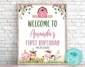 Anniversaire de la ferme modifiable Signe de bienvenue Signe de bienvenue des animaux de la ferme Modèle de signe de fête d'anniversaire de la ferme rose Modèle de signe de bienvenue de la basse-cour fille 0106