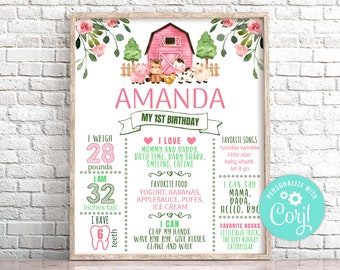 Farm Animals 1st Birthday Milestone Poster, Pink Barnyard Girl (Editable)