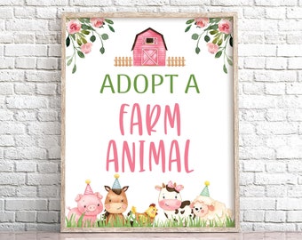Adopt a Farm Animal Birthday Sign, Pink Barnyard Decor (Digital Download)