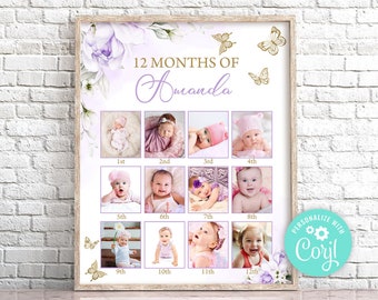 Editable Purple Gold Butterfly First 12 Months Photo Collage Lilac and Gold Butterfly First Birthday Photo Collage 1st Birthday Poster 0164