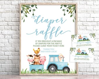 Farm Animals Diaper Raffle Sign Blue Farm Tractor Diaper Raffle Card Tractor Baby Shower Diaper Raffle Sign Farm Sign and Raffle Ticket 0226