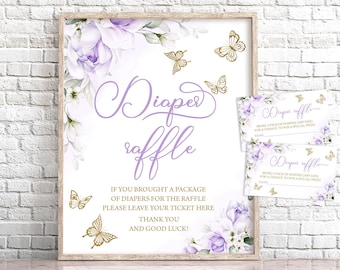 Panneau pour tombola de couches pour baby shower sur le thème des papillons, motif floral violet (fichier numérique)