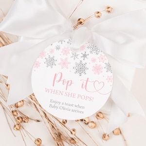 EDITABLE Pink Snowflake Pop It When She Pops Mini Champagne Favor Tag Girl Snowflake Baby Shower Champagne Tag Winter Mini Wine Tag 0187