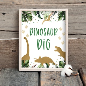 Dinosaur Dig Sign Prehistoric Party Table Decor, Gold Dinosaur Decoration, Dino Dig Printable Safari Table Decor, Dino Party Sign T-Rex 0208