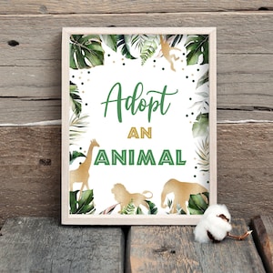 Adopt an Animal Birthday Sign Boy Table Decor, Gold Animals Table Sign, Printable Safari Table Decor, Wild One Zoo Party Jungle 0101