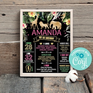 Editable Jungle Gold Milestone Birthday Poster, Chalk Safari Animals Birthday Milestone Sign Wild One First Birthday Zoo Jungle Party 0101