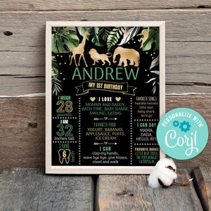 Editable Jungle Gold Milestone Birthday Poster, Chalk Safari Animals Birthday Milestone Sign Wild One First Birthday Zoo Jungle Party 0101