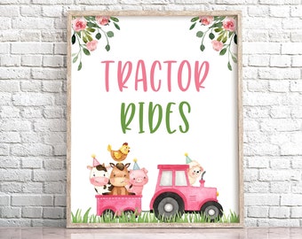 Tractor Rides Sign Girl Farm Birthday Sign Farm Animals Party Sign Pink Farm Table Decor Pink Barnyard Decorations Pink Tractor Party 0106