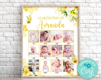 Bumble Bee First Birthday Photo Collage, Editable Floral Poster (Digital Download)