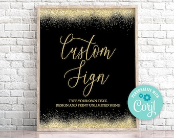 Bearbeitbares Schild mit Goldglitzer, Schwarz-Gold-Party (Digitaler Download)