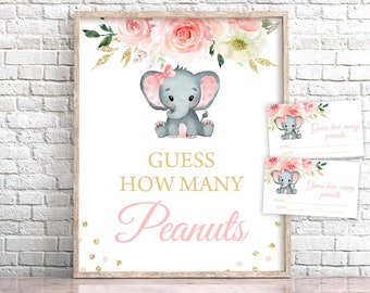 Jeu de baby shower sur le thème des éléphants roses : Devinez combien de cacahuètes (Téléchargement numérique)
