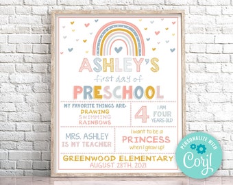Editable First Day of Preschool Sign Boho Rainbow First Day of School Sign Rainbow First Day Of Kindergarten Sign Prop Instant Download 0141