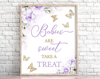Letrero de barra de dulces con mariposas, decoración floral morada y dorada (descarga digital)