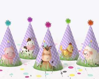 Farm Printable Birthday Party Hats Purple Farm Animals Party Hats Farm Birthday Cow Pig Sheep Farm Decoration Girl Barnyard Birthday 0106