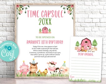 Editable Farm Animals Birthday Time Capsule Farm Time Capsule Sign Pink Farm Birthday Party Template Girl Barnyard Birthday Decorations 0106