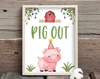 Pig Out Farm Birthday Table Sign, Pig Out Table Sign Farm Animals Birthday Decorations, Boy Barnyard Sign, Red Farm Buffet Sign 0106