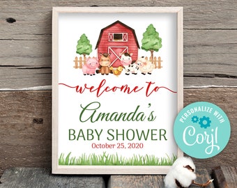 May include: A printable welcome sign for a baby shower with a red barn, farm animals, and the text "Welcome to Amanda's Baby Shower October 25, 2020".