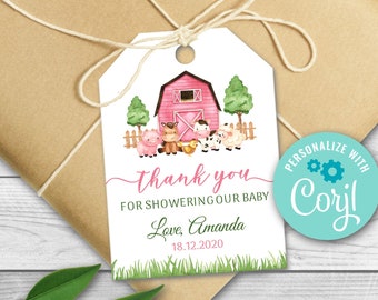 Geschenkanhänger mit Bauernhoftiermotiven für die Babyparty, bearbeitbar und druckbar (digitaler Download)