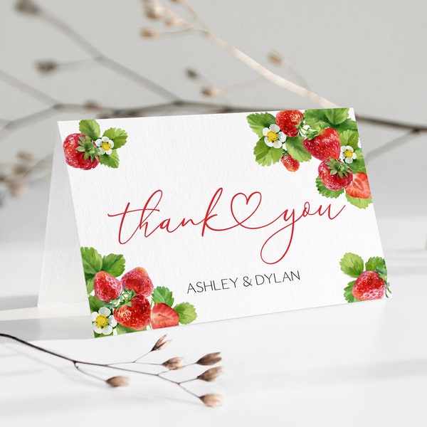 Editable Strawberry Thank You Folded Card Berry Sweet Thank You Card Gender Neutral Strawberry Baby Shower Thank You Card Printable 0172